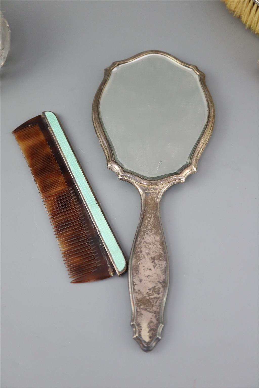 A 1920s silver and gilded chinoiserie guilloche enamel eight piece dressing table set, by Adie Bros,